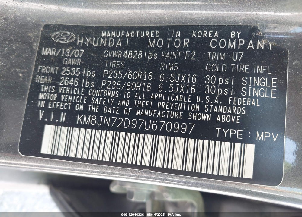 2007 HYUNDAI TUCSON VIN: KM8JN72D97U670997