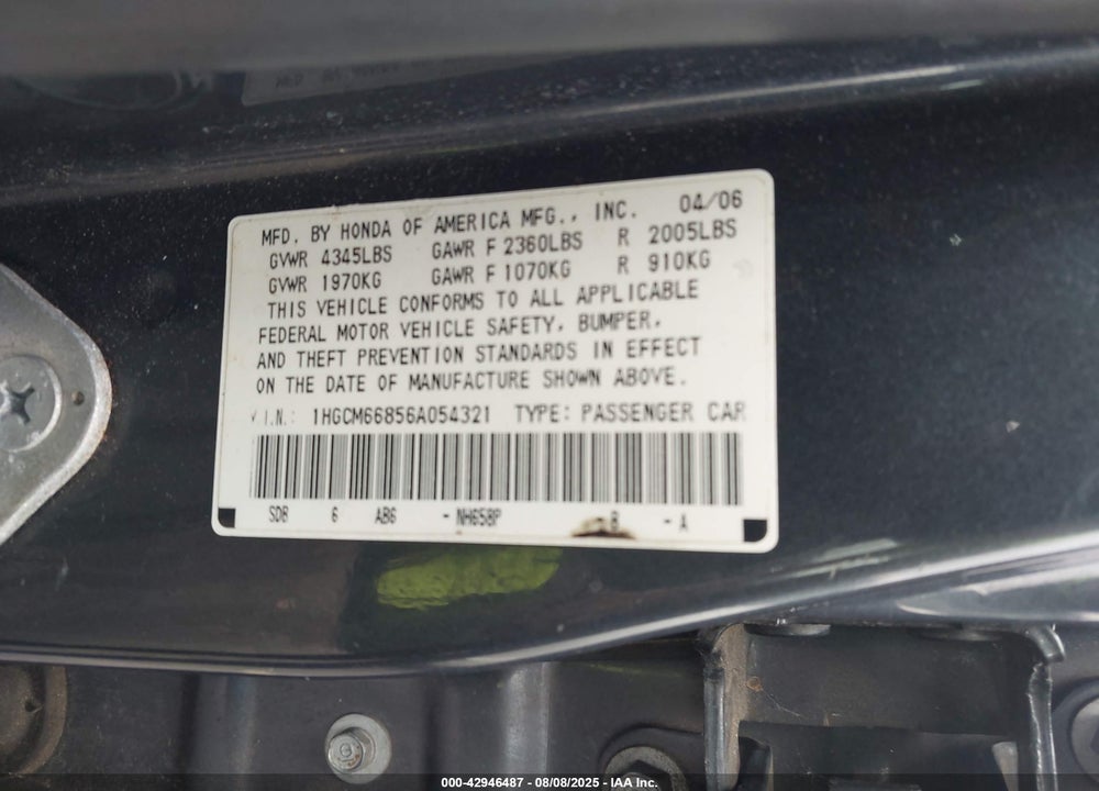 2006 HONDA ACCORD 3.0 EX VIN: 1HGCM66856A054321