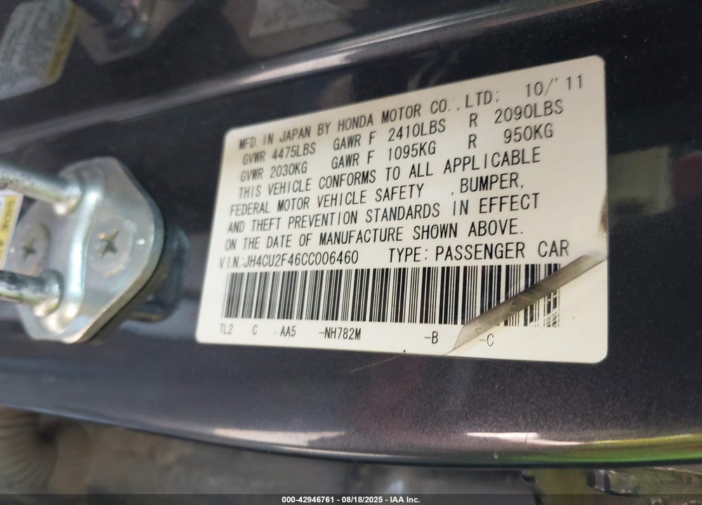 2012 ACURA TSX VIN: JH4CU2F46CC006460