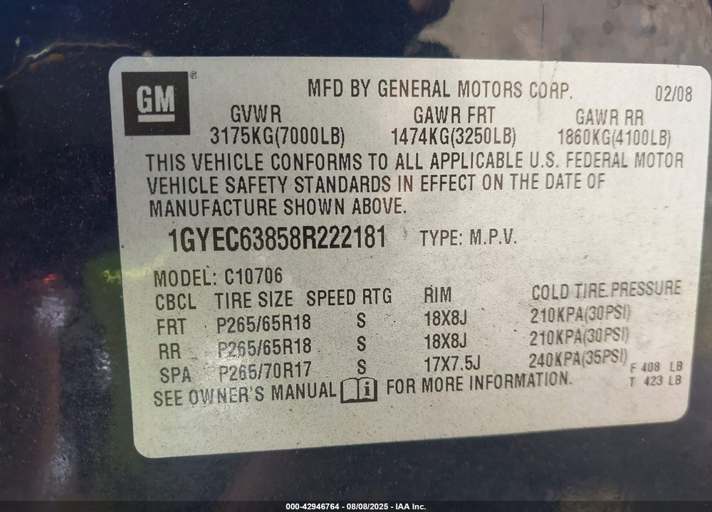 2008 CADILLAC ESCALADE STANDARD VIN: 1GYEC63858R222181
