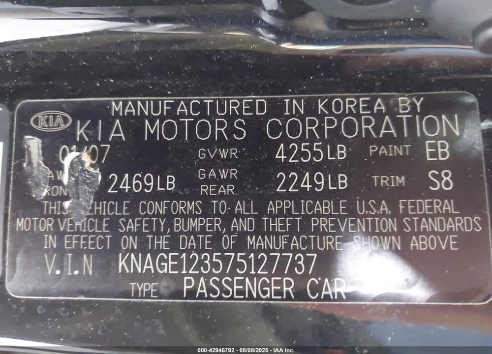 2007 KIA OPTIMA LX VIN: KNAGE123575127737