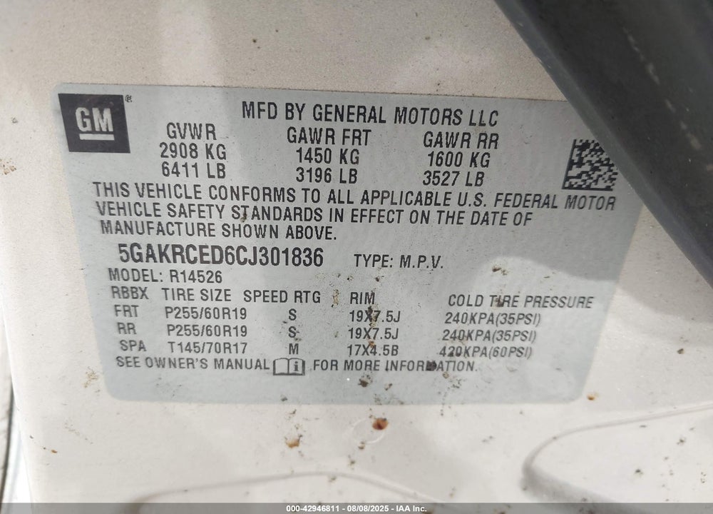 2012 BUICK ENCLAVE VIN: 5GAKRCED6CJ301836