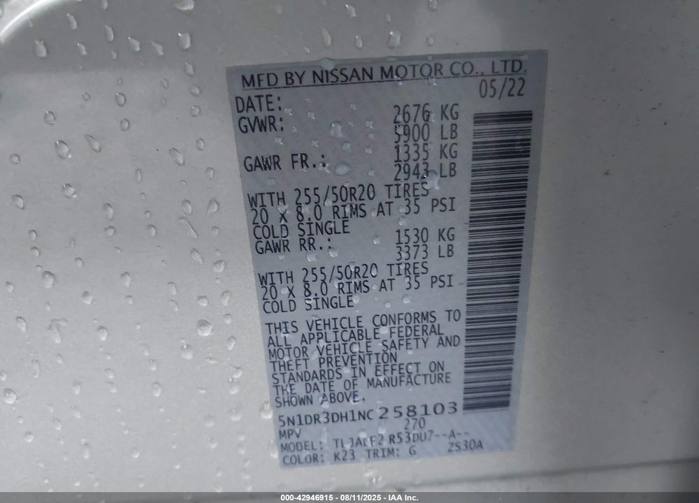 2022 NISSAN PATHFINDER PLATINUM 2WD VIN: 5N1DR3DH1NC258103