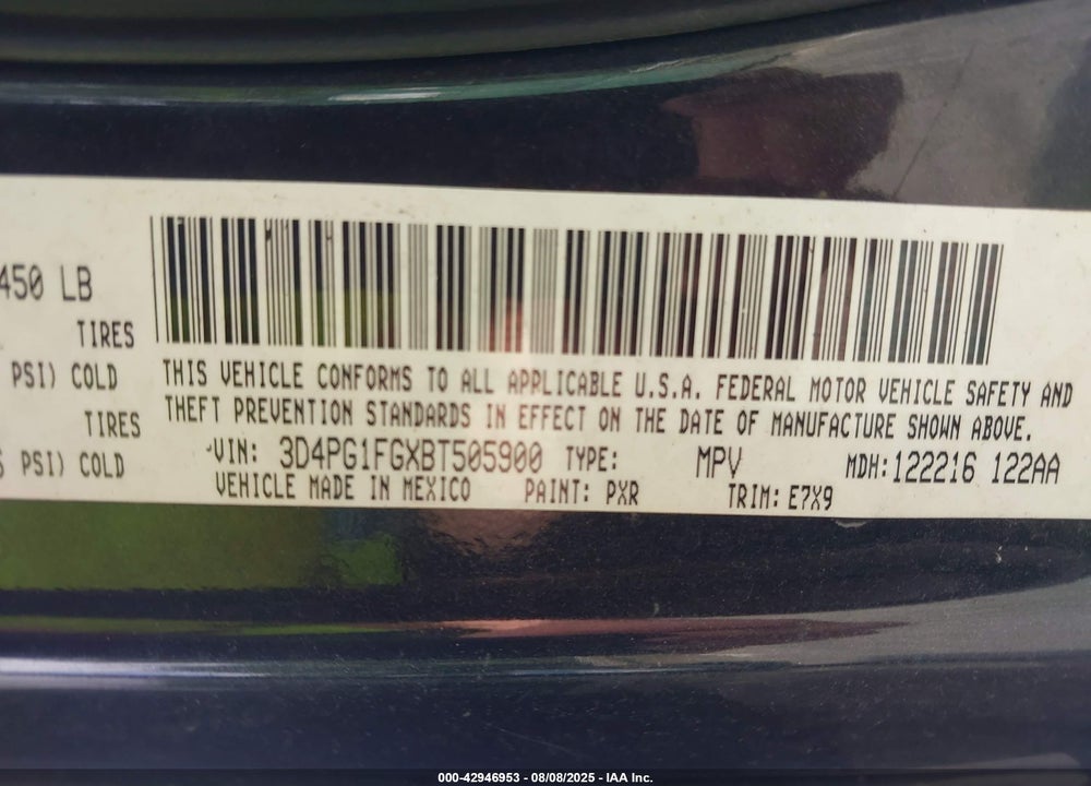 2011 DODGE JOURNEY VIN: 3D4PG1FGXBT505900