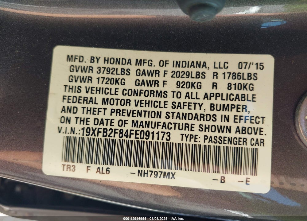 2015 HONDA CIVIC VIN: 19XFB2F84FE091173