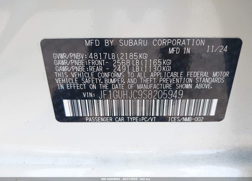 2025 SUBARU IMPREZA VIN: JF1GUHJC9S8205949