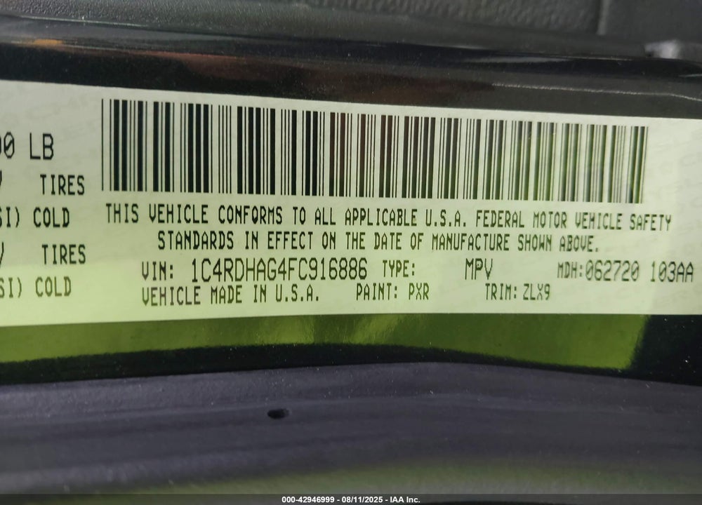2015 DODGE DURANGO VIN: 1C4RDHAG4FC916886