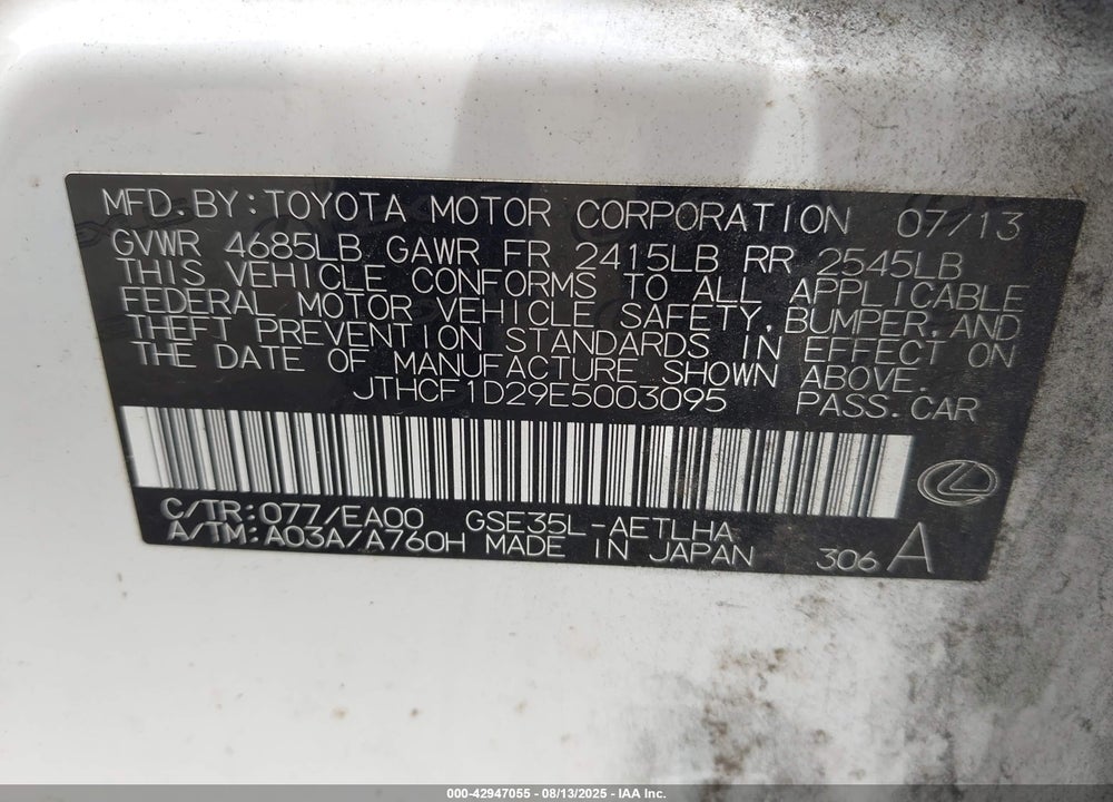 2014 LEXUS IS 250 VIN: JTHCF1D29E5003095