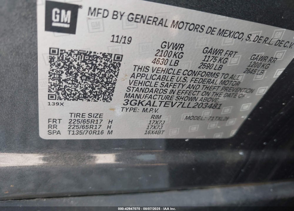2020 GMC TERRAIN VIN: 3GKALTEV7LL203481
