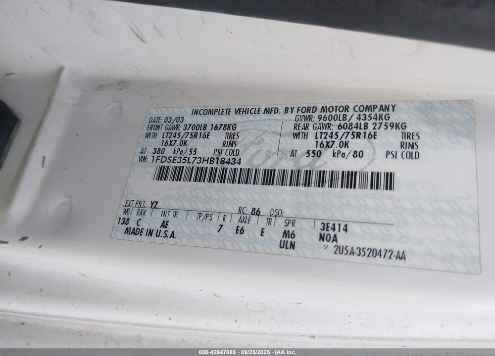 2003 FORD E-350 CUTAWAY STANDARD VIN: 1FDSE35L73HB18434