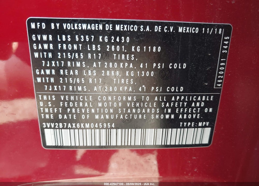 2019 VOLKSWAGEN TIGUAN VIN: 3VV2B7AX6KM045954