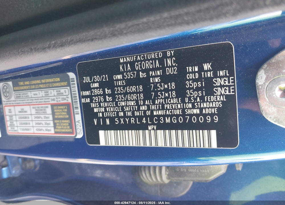 2021 KIA SORENTO VIN: 5XYRL4LC3MG070099