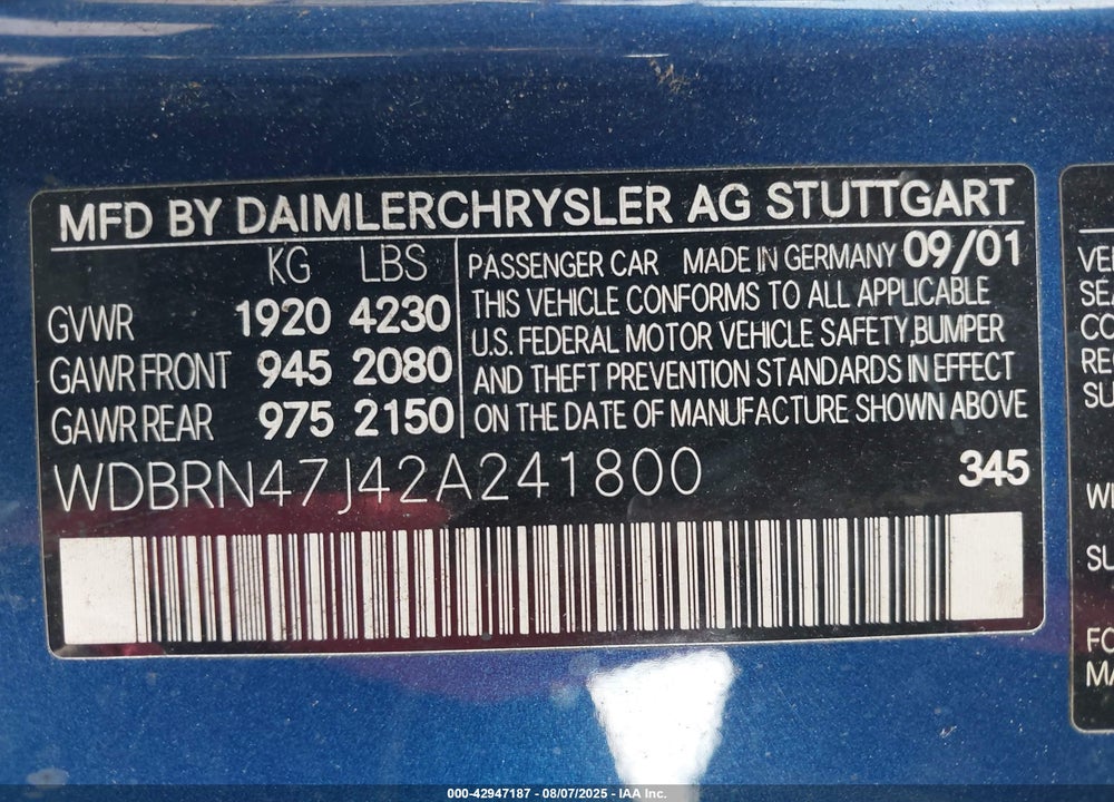 2002 MERCEDES-BENZ C 230 VIN: WDBRN47J42A241800