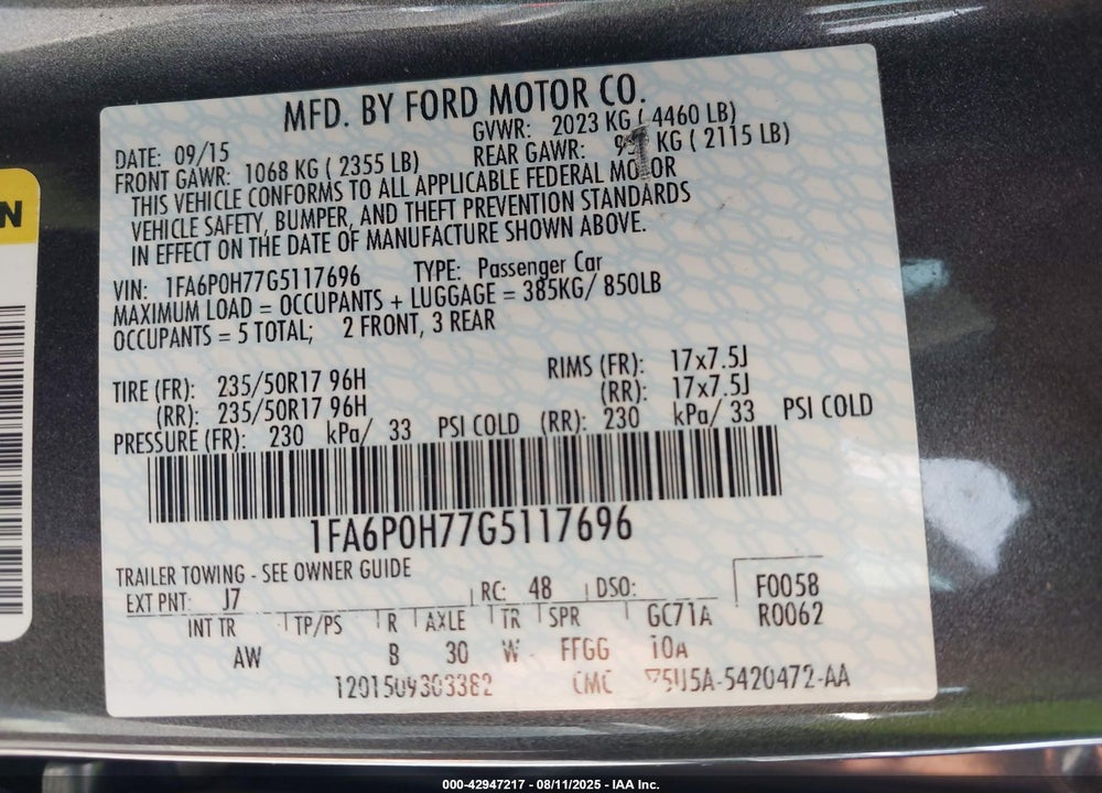 2016 FORD FUSION VIN: 1FA6P0H77G5117696