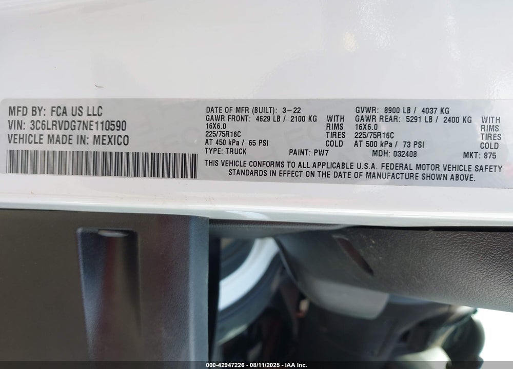 2022 RAM PROMASTER 2500 HIGH ROOF 159 WB VIN: 3C6LRVDG7NE110590