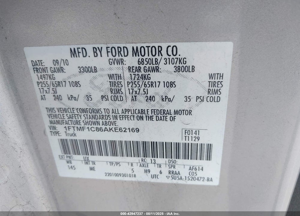 2010 FORD F-150 XL/XLT VIN: 1FTMF1C86AKE62169