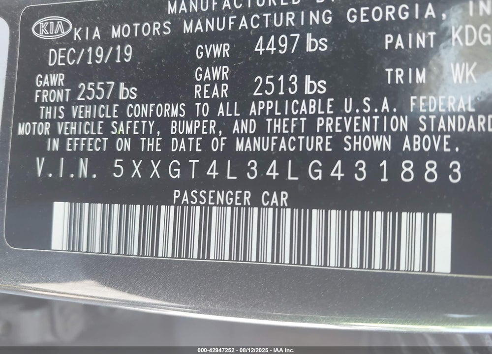 2020 KIA OPTIMA VIN: 5XXGT4L34LG431883