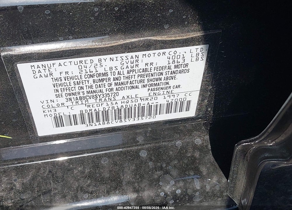 2025 NISSAN SENTRA VIN: 3N1AB8CV8SY335720