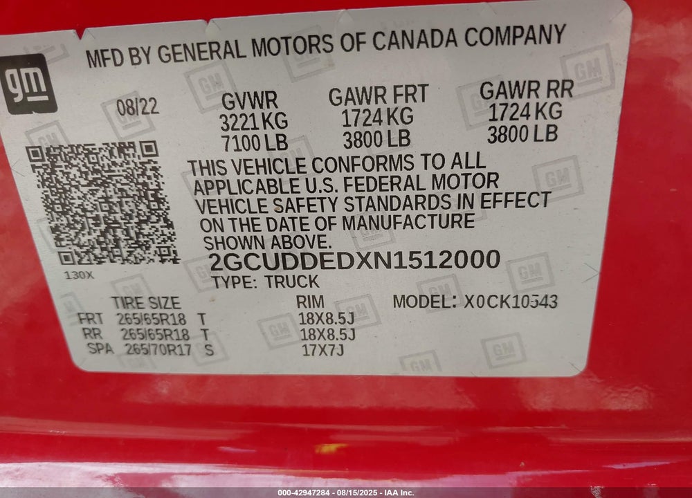 2022 CHEVROLET SILVERADO 1500 VIN: 2GCUDDEDXN1512000