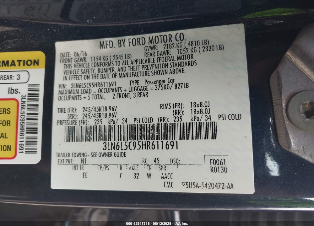 2017 LINCOLN MKZ VIN: 3LN6L5C95HR611691