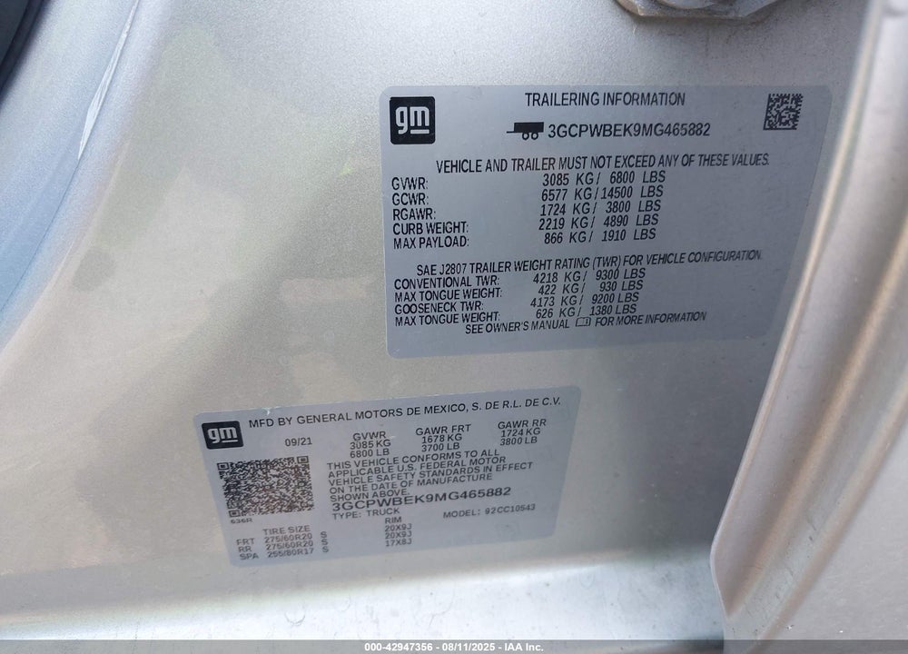 2021 CHEVROLET SILVERADO 1500 2WD SHORT BED CUSTOM VIN: 3GCPWBEK9MG465882