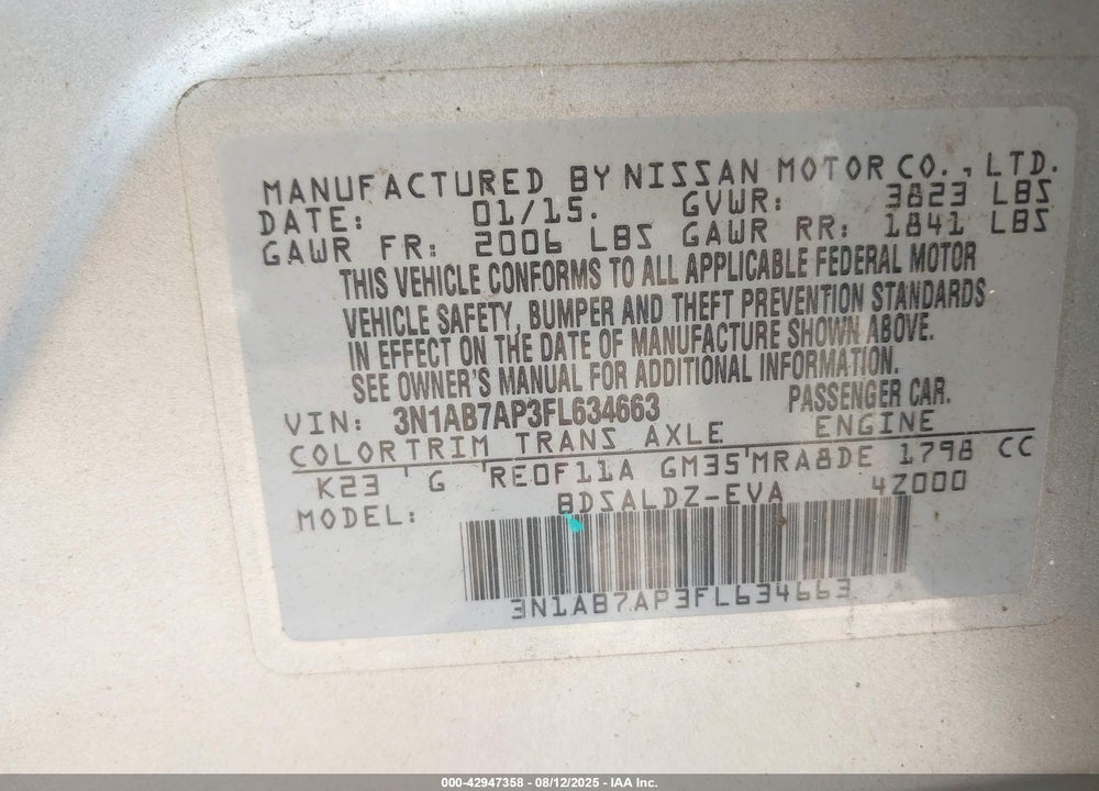 2015 NISSAN SENTRA VIN: 3N1AB7AP3FL634663