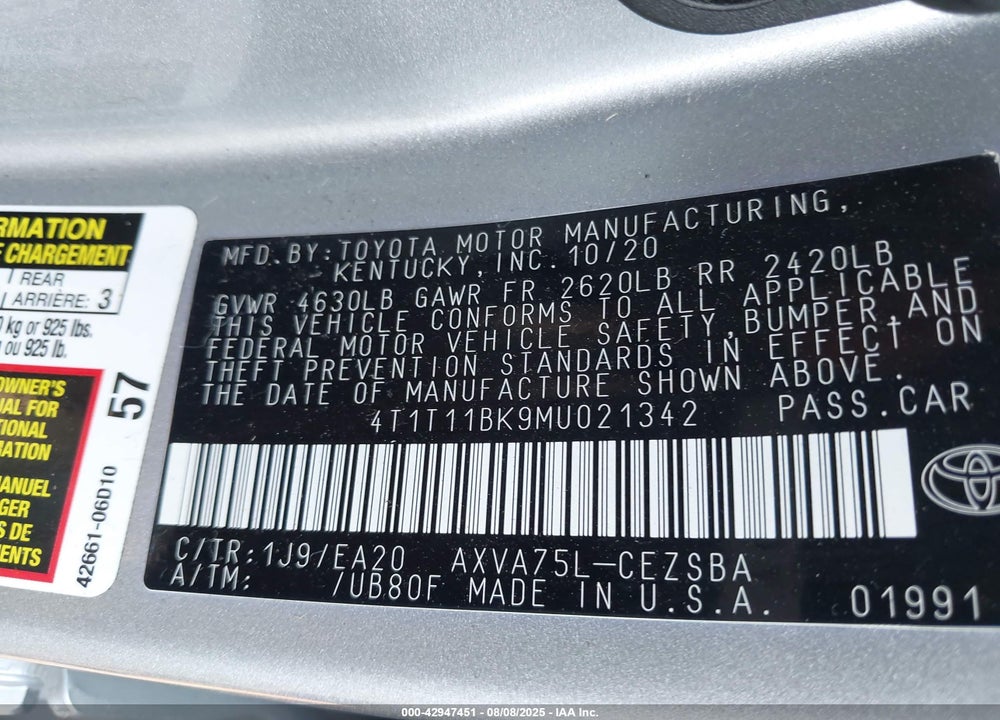 2021 TOYOTA CAMRY VIN: 4T1T11BK9MU021342