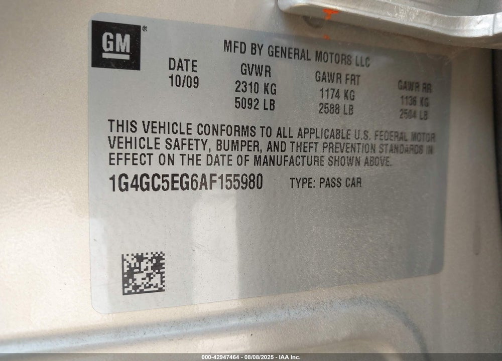 2010 BUICK LACROSSE CXL VIN: 1G4GC5EG6AF155980