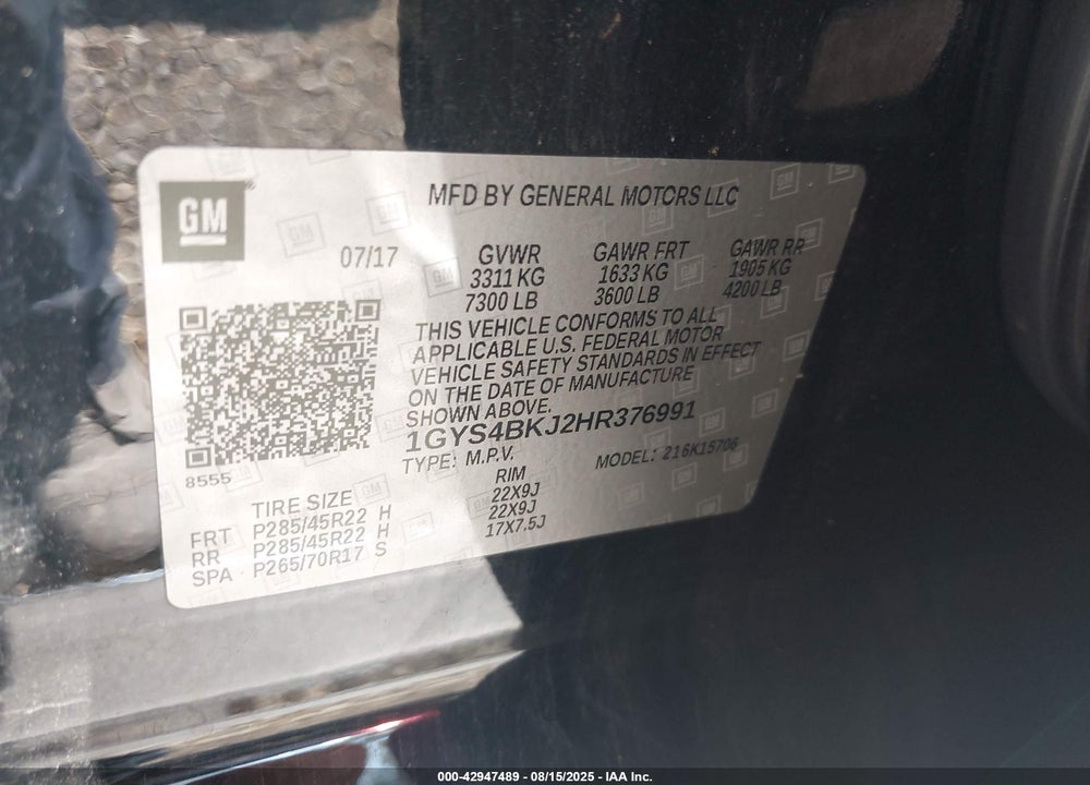 2017 CADILLAC ESCALADE VIN: 1GYS4BKJ2HR376991