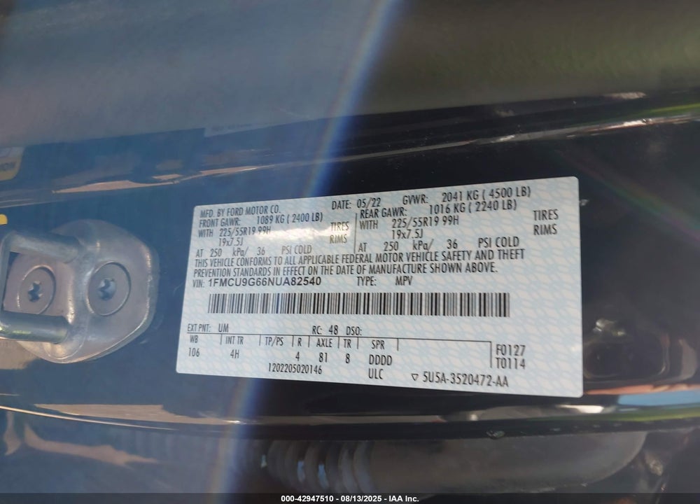 2022 FORD ESCAPE VIN: 1FMCU9G66NUA82540