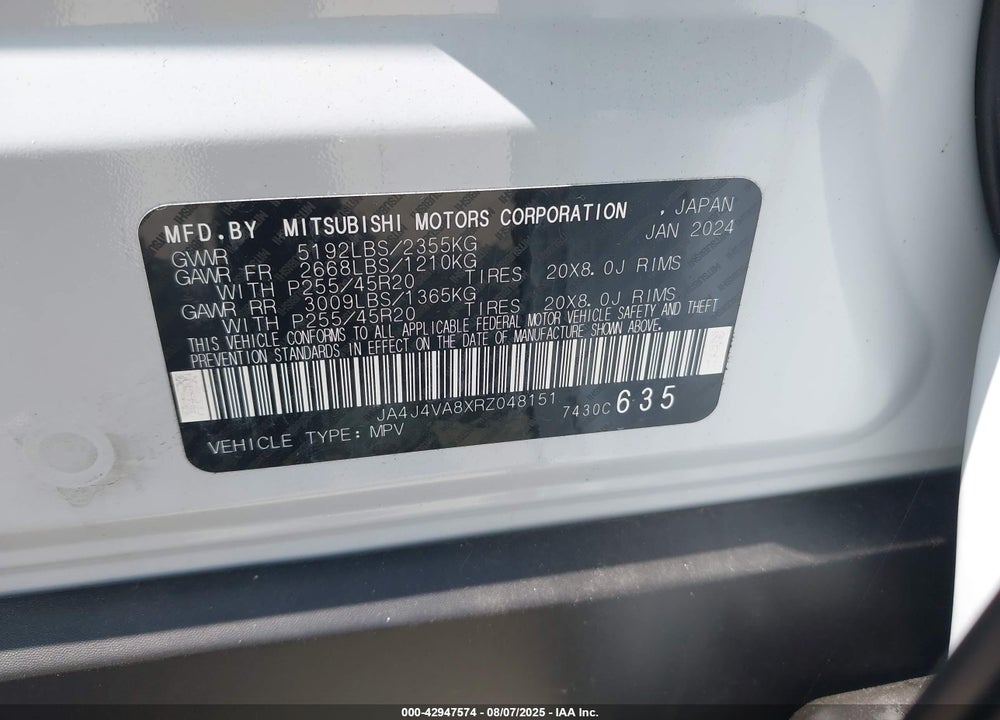 2024 MITSUBISHI OUTLANDER VIN: JA4J4VA8XRZ048151