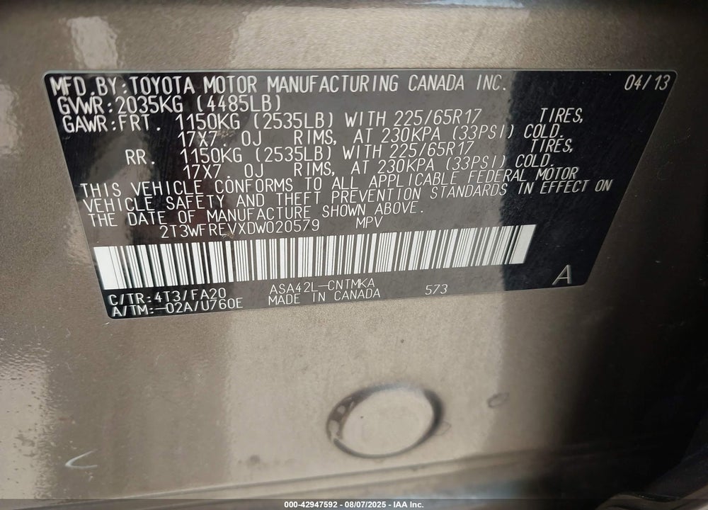 2013 TOYOTA RAV4 VIN: 2T3WFREVXDW020579