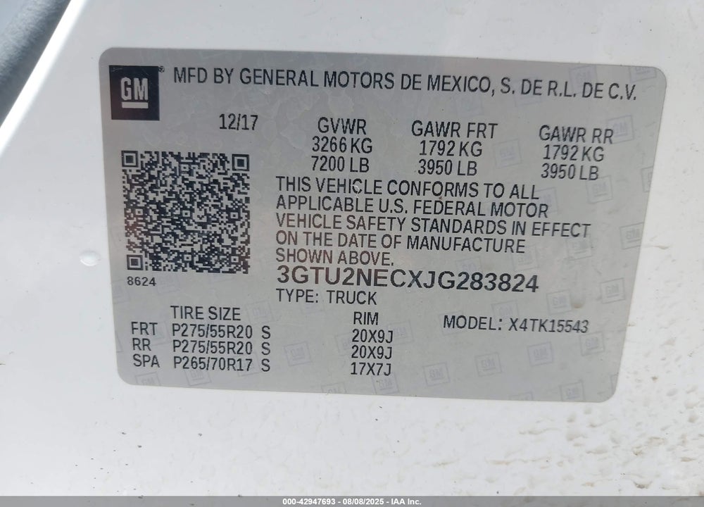 2018 GMC SIERRA 1500 VIN: 3GTU2NECXJG283824