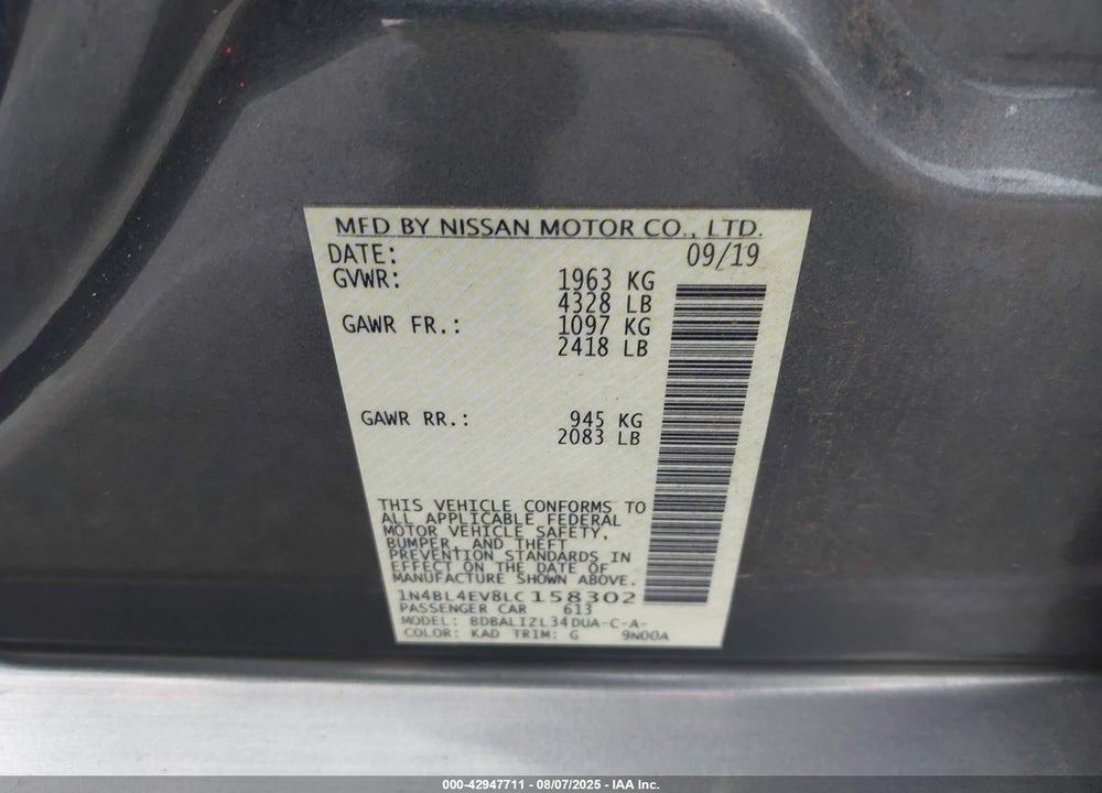 2020 NISSAN ALTIMA SL FWD VIN: 1N4BL4EV8LC158302