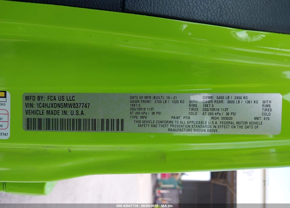 2021 JEEP WRANGLER UNLIMITED VIN: 1C4HJXDN5MW837747