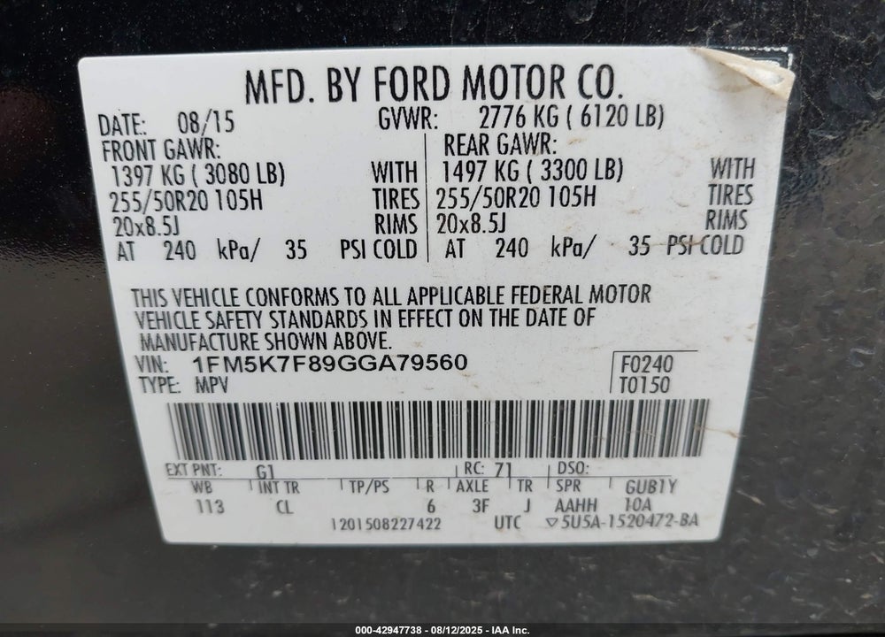 2016 FORD EXPLORER LIMITED VIN: 1FM5K7F89GGA79560