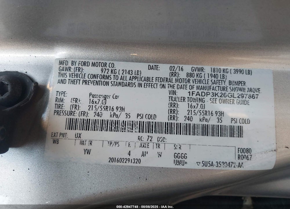 2016 FORD FOCUS VIN: 1FADP3K26GL297867