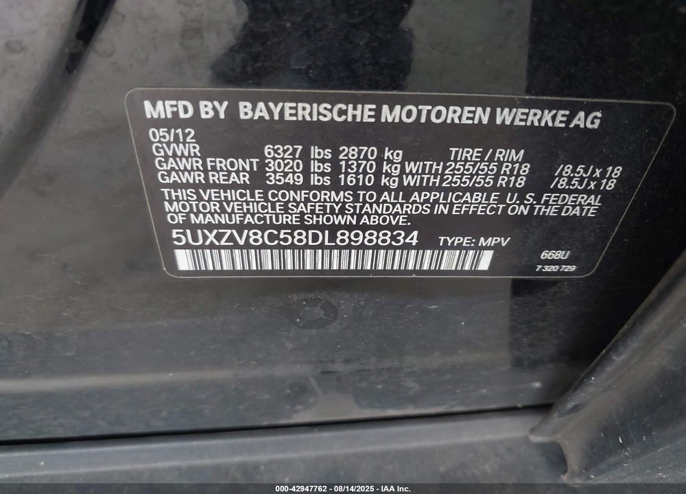 2013 BMW X5 VIN: 5UXZV8C58DL898834