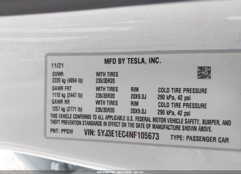 2022 TESLA MODEL 3 VIN: 5YJ3E1EC4NF105673