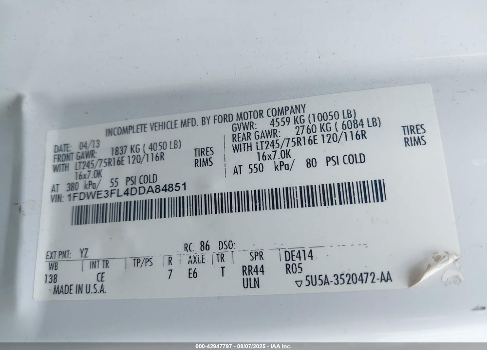 2013 FORD E-350 CUTAWAY VIN: 1FDWE3FL4DDA84851