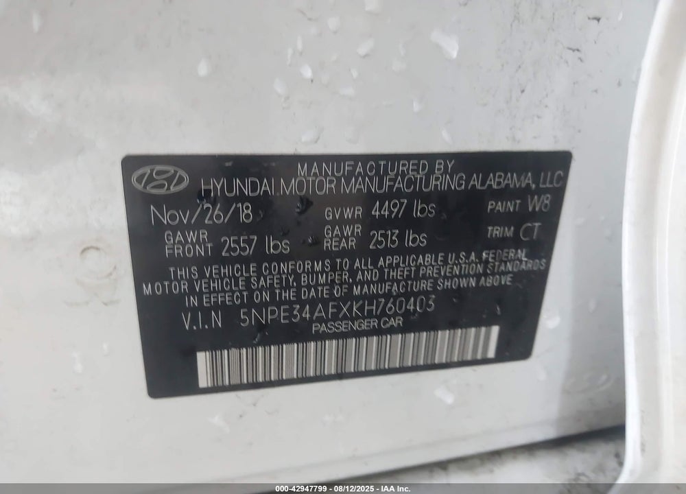 2019 HYUNDAI SONATA VIN: 5NPE34AFXKH760403