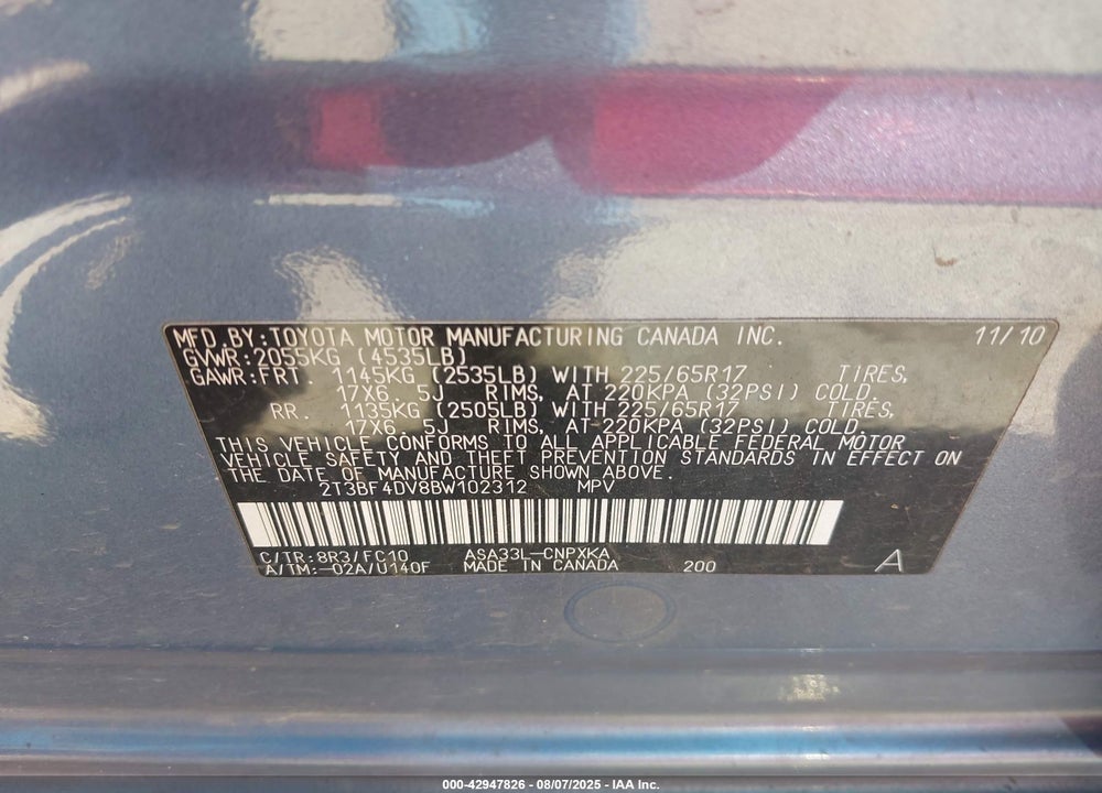 2011 TOYOTA RAV4 VIN: 2T3BF4DV8BW102312