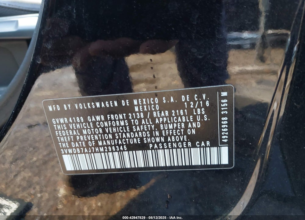 2017 VOLKSWAGEN JETTA VIN: 3VWDB7AJ7HM296345
