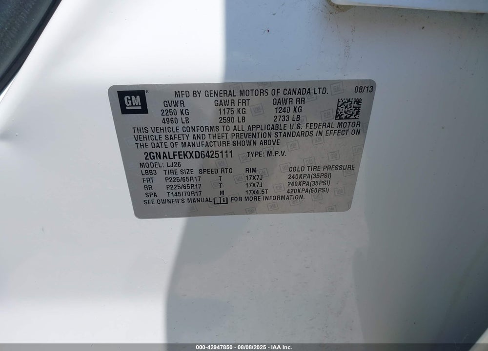 2013 CHEVROLET EQUINOX VIN: 2GNALFEKXD6425111