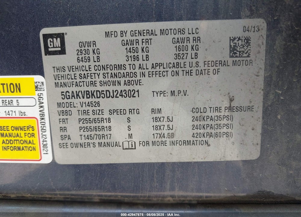 2013 BUICK ENCLAVE VIN: 5GAKVBKD5DJ243021