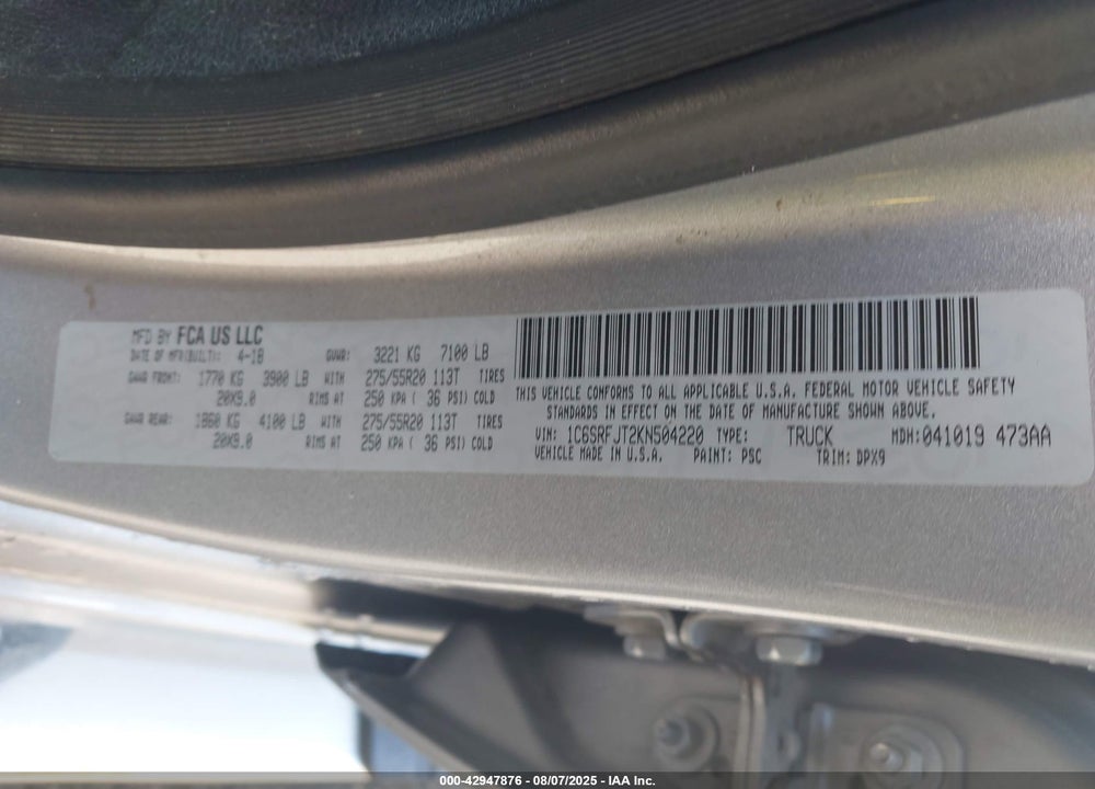2019 RAM 1500 VIN: 1C6SRFJT2KN504220