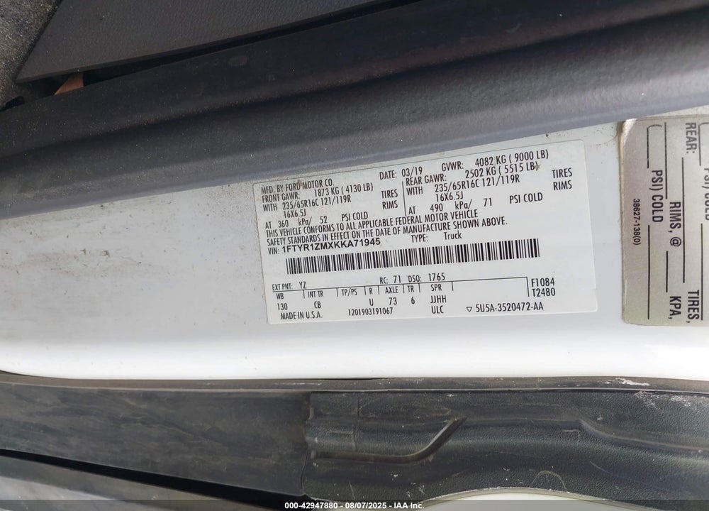 2019 FORD TRANSIT-250 VIN: 1FTYR1ZMXKKA71945