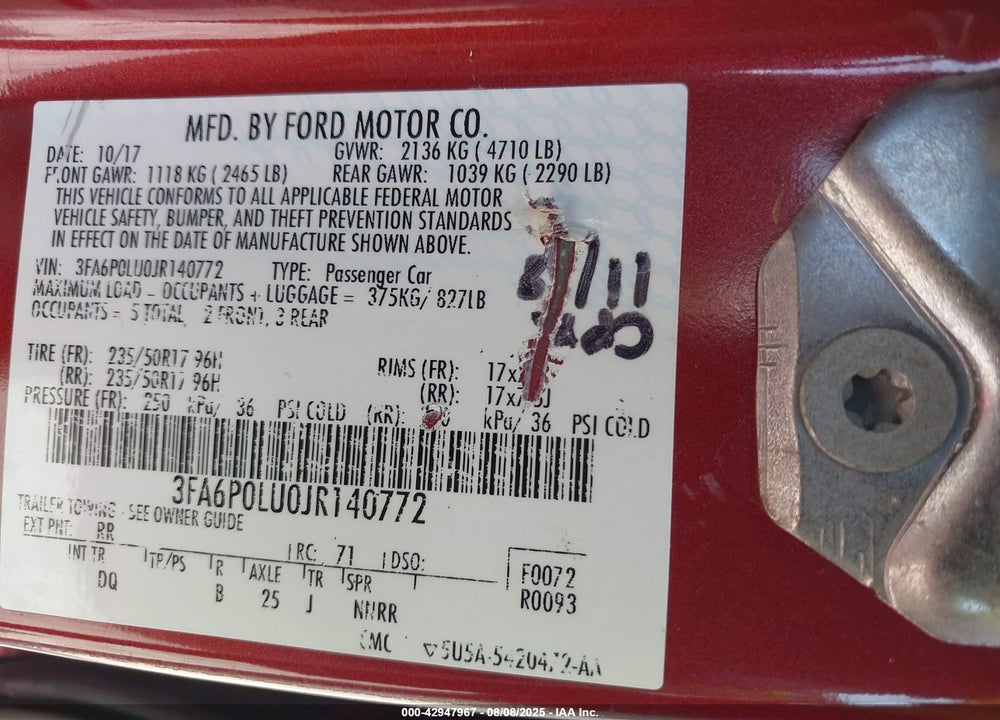 2018 FORD FUSION VIN: 3FA6P0LU0JR140772