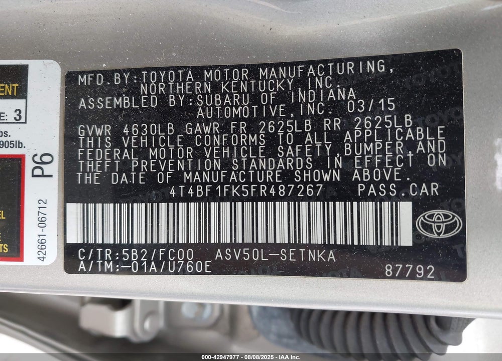 2015 TOYOTA CAMRY VIN: 4T4BF1FK5FR487267