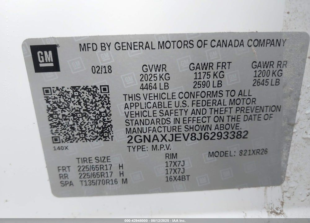 2018 CHEVROLET EQUINOX LT VIN: 2GNAXJEV8J6293382